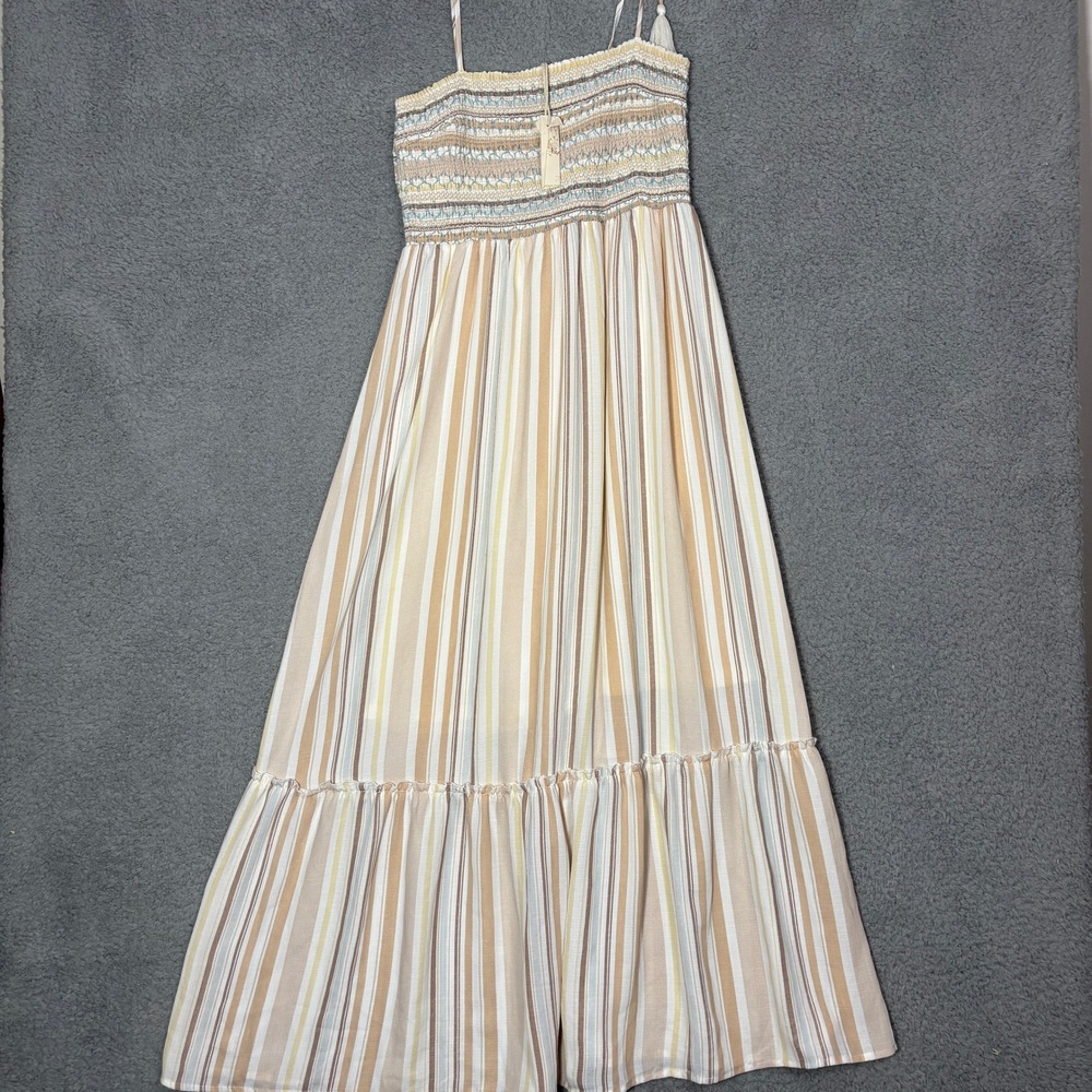 Hem & Thread Womens Smocked Striped Maxi Dress Beige Tan Tassel Straps Small